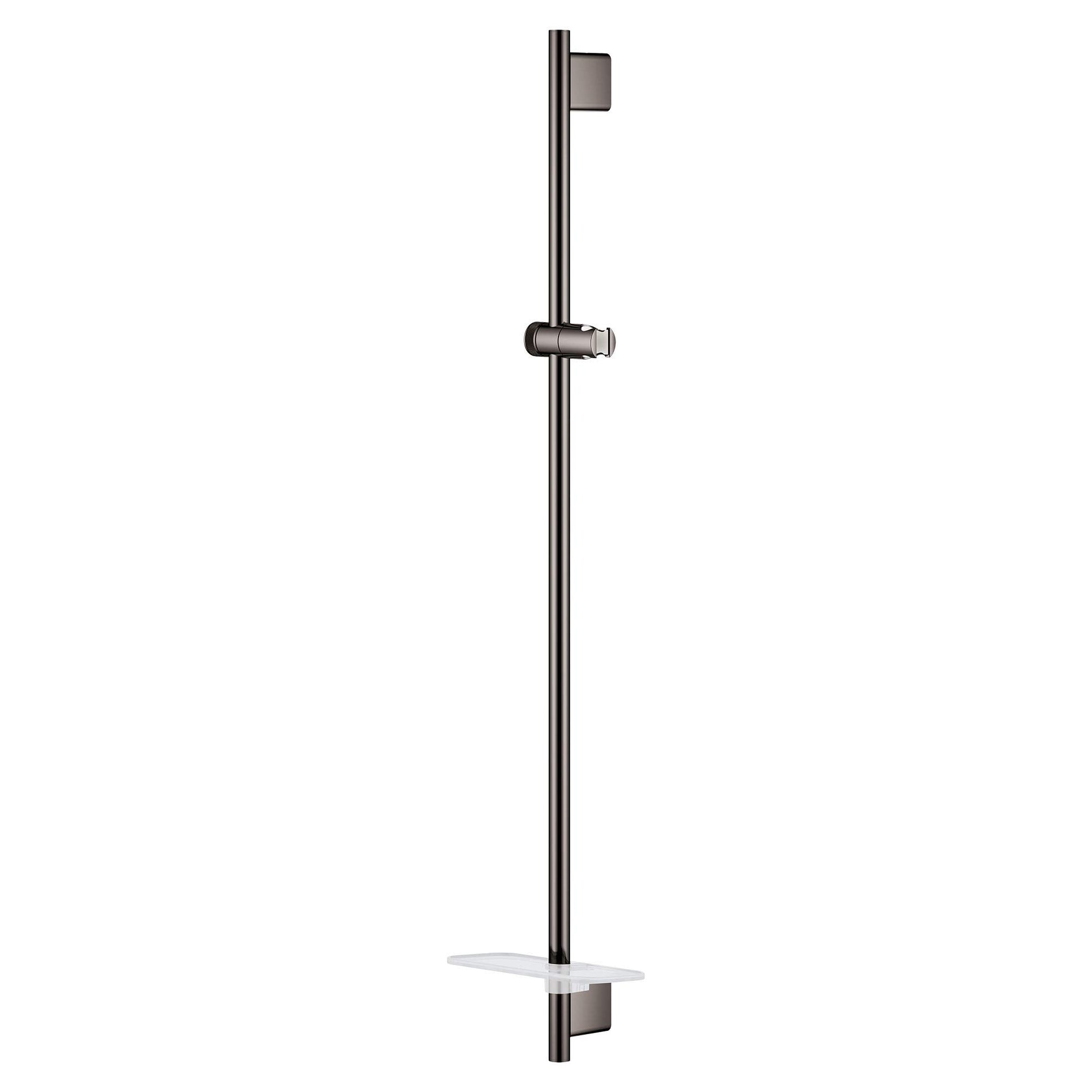 Vertical dark graphite shower slide bar with adjustable handhold bracket and shelf, mounted on white background.