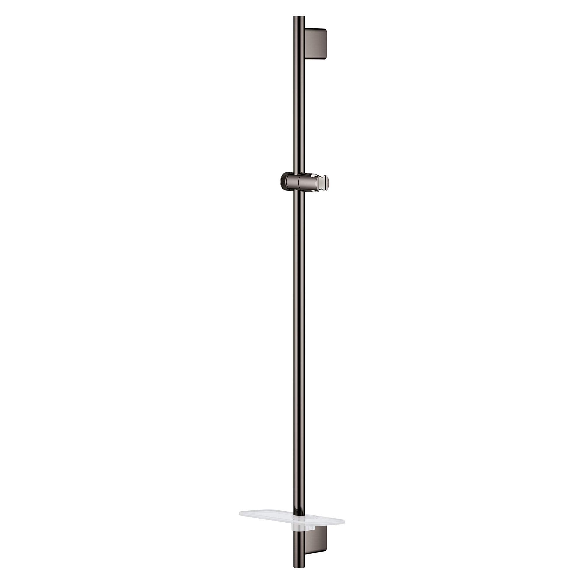 Vertical dark graphite shower slide bar with adjustable handhold bracket and shelf, mounted on white background.