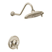 Polished nickel shower trim kit with curved arm, 9-inch oval rainshower head with spray holes, and round valve trim with leve