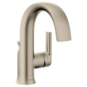 Brushed nickel single-handle bathroom faucet with high curved spout and cylindrical lever handle.