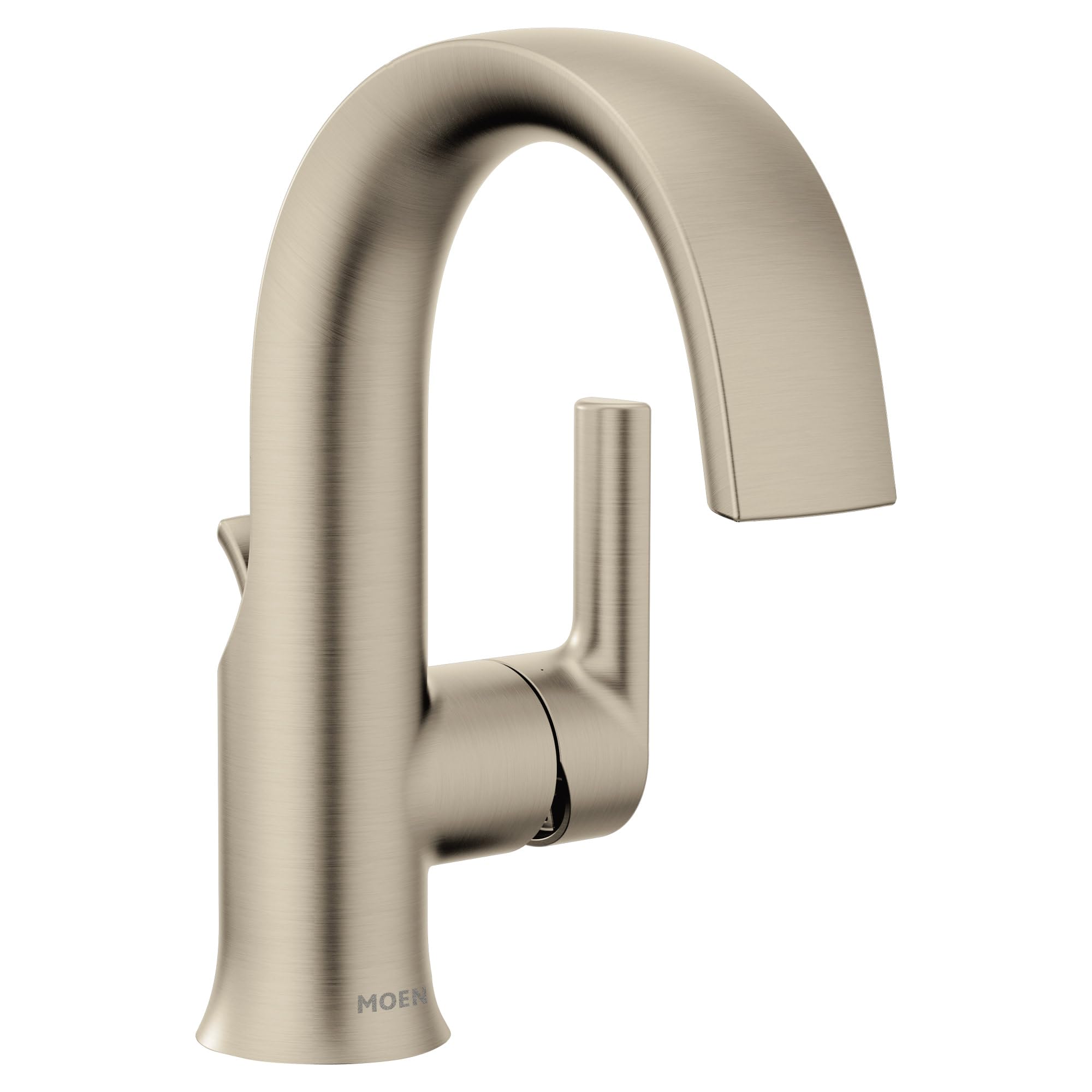 Brushed nickel single-handle bathroom faucet with high curved spout and cylindrical lever handle.
