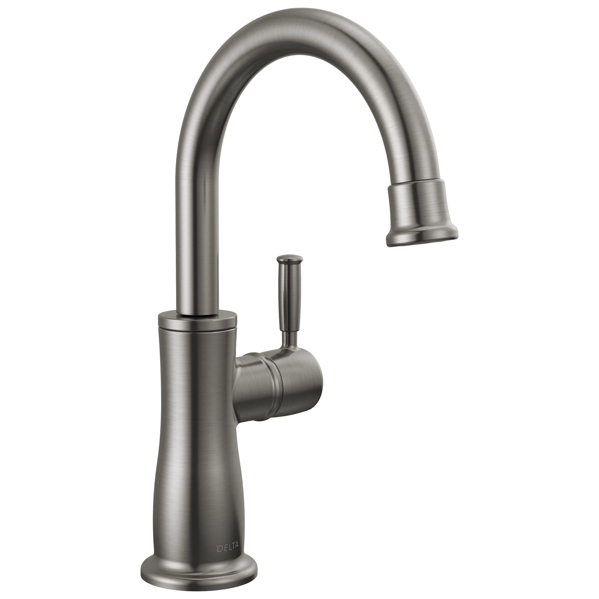 Brushed stainless steel beverage faucet with curved gooseneck spout and single side lever handle.