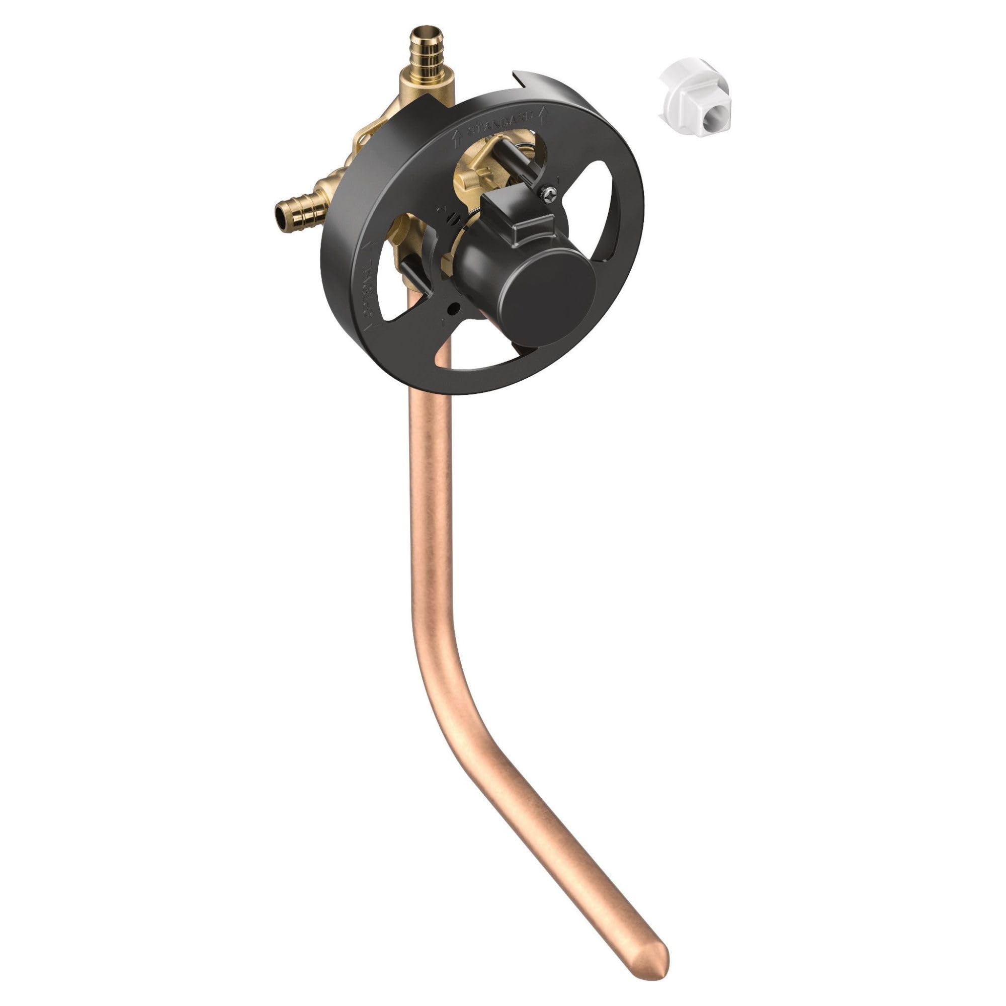 Moen pressure balancing valve with black wheel handle, brass ports, and copper tubing connection.
