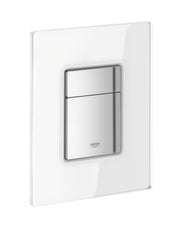 White rectangular wall plate with dual flush buttons and stainless steel center panel.