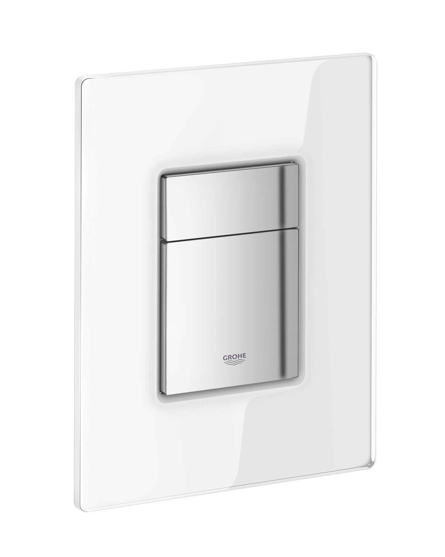 White rectangular wall plate with dual flush buttons and stainless steel center panel.
