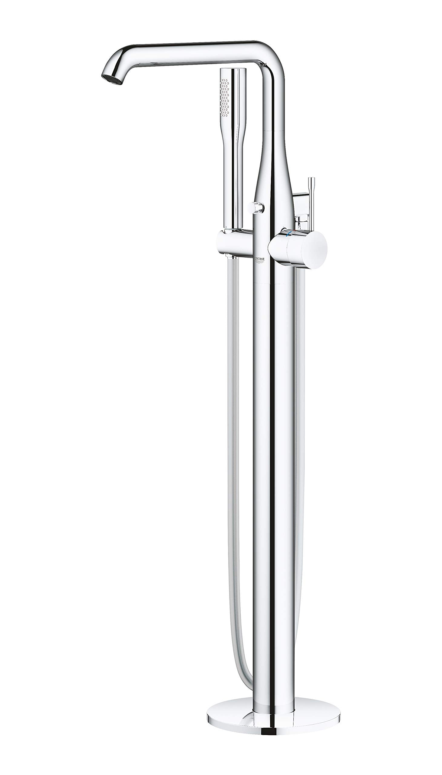 Chrome freestanding tub faucet with single-handle control, curved spout, and integrated hand shower on vertical pipe.