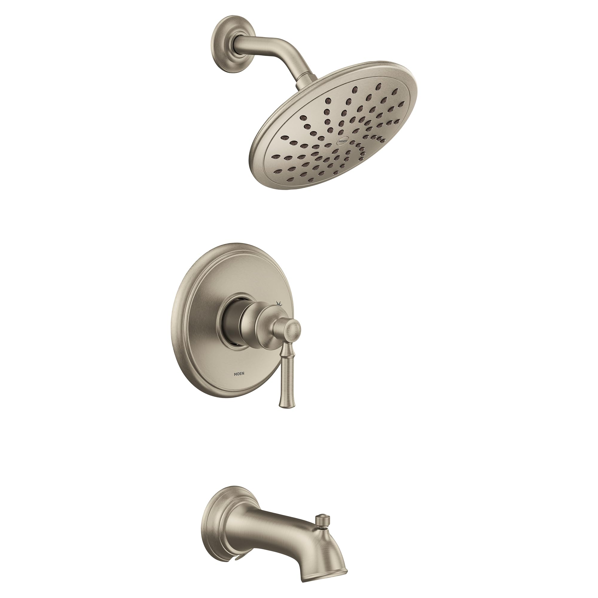 Brushed nickel tub and shower trim with single handle valve, showerhead, and tub spout.