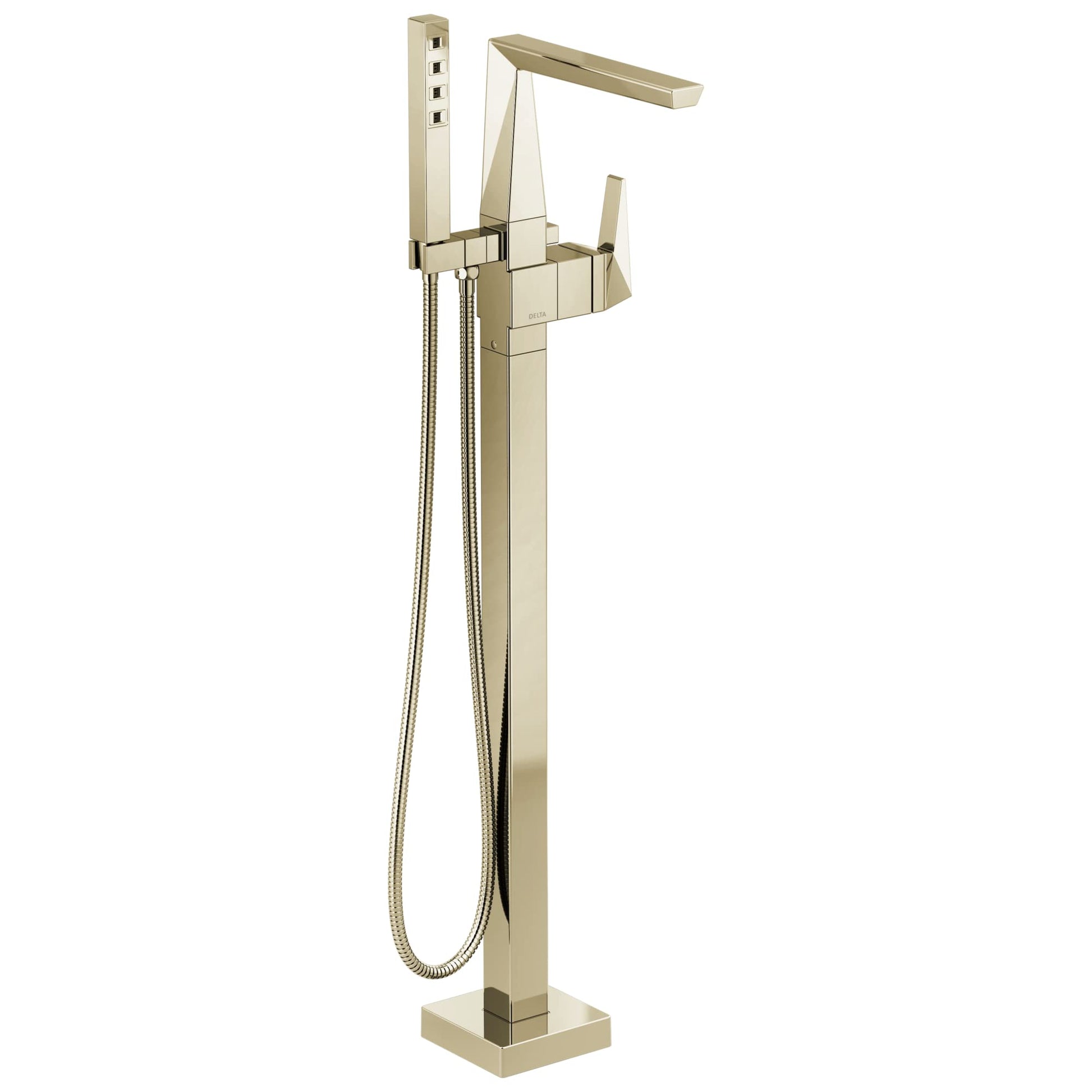 Brushed nickel floor-mount tub filler with single lever handle, curved spout, and hand shower hose.