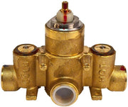 Brass thermostatic rough-in valve with three-quarter inch connections, red adjustment stem, and dual control handles.