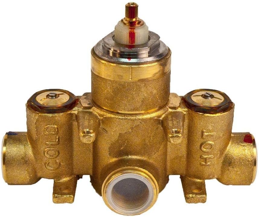Brass thermostatic rough-in valve with three-quarter inch connections, red adjustment stem, and dual control handles.