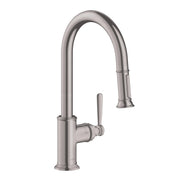 Steel optic high arc kitchen faucet with pull-down sprayer and single lever handle.