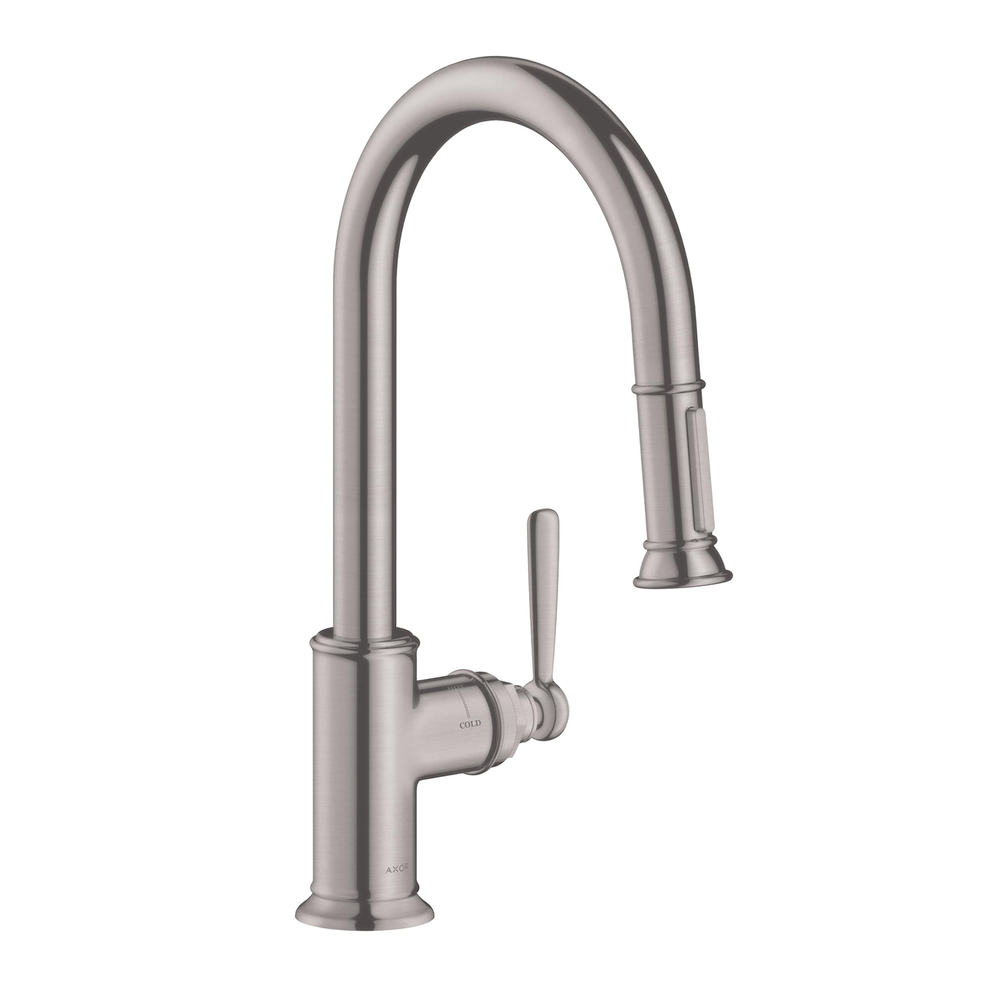 Steel optic high arc kitchen faucet with pull-down sprayer and single lever handle.
