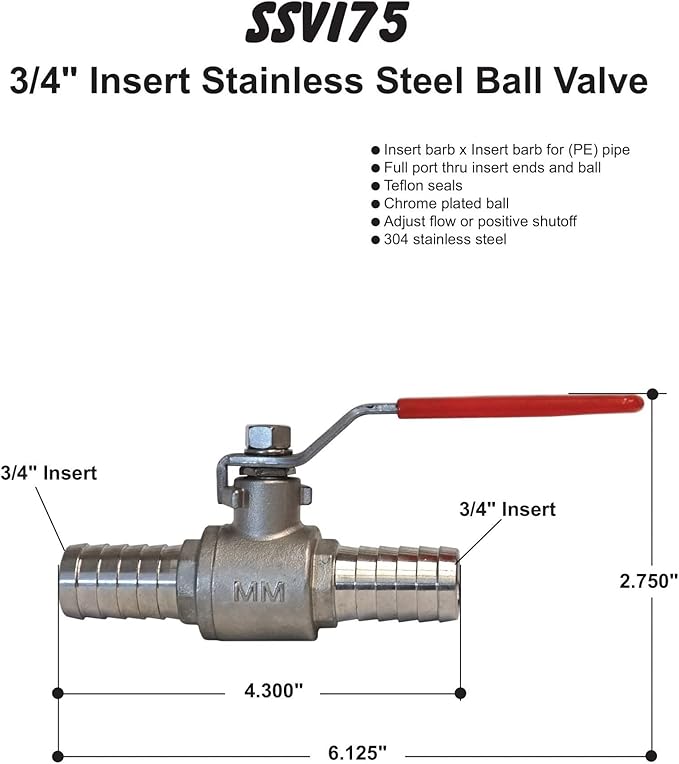 Stainless steel ball valve with 3/4 inch insert connections and red lever handle.