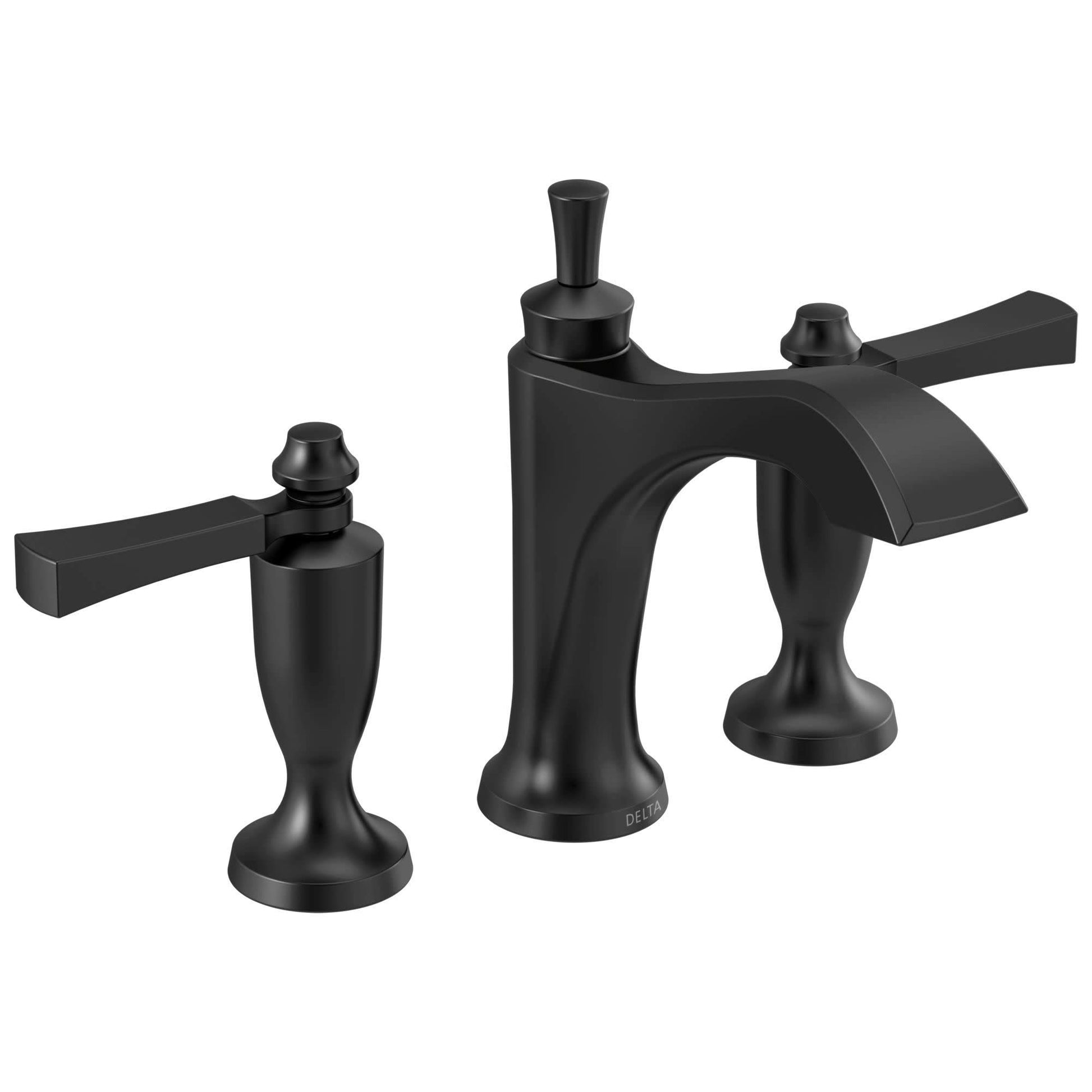 Black widespread bathroom faucet with two lever handles, curved spout, and pop-up drain assembly.
