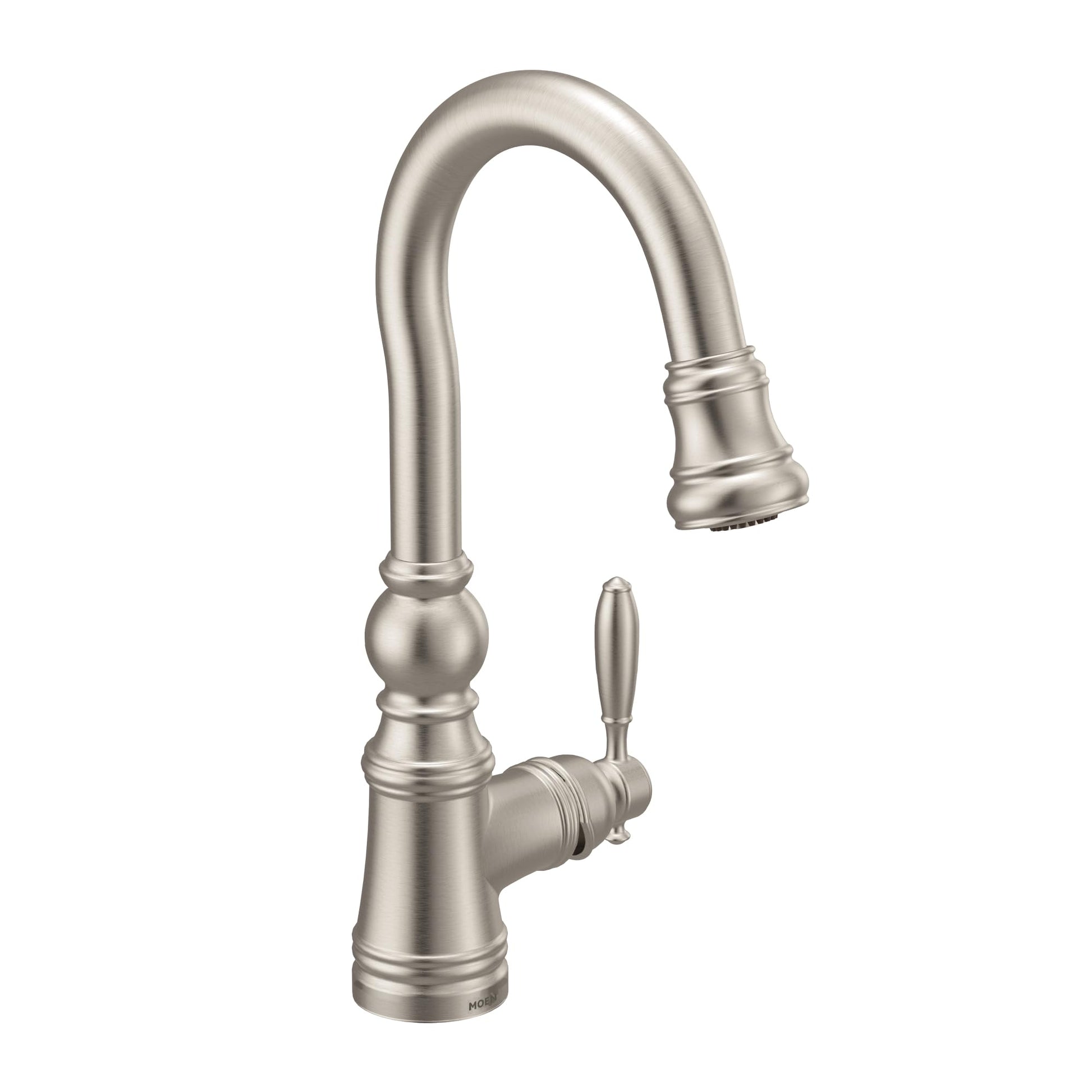 Stainless steel kitchen faucet with curved spout, pulldown wand, and single lever handle.