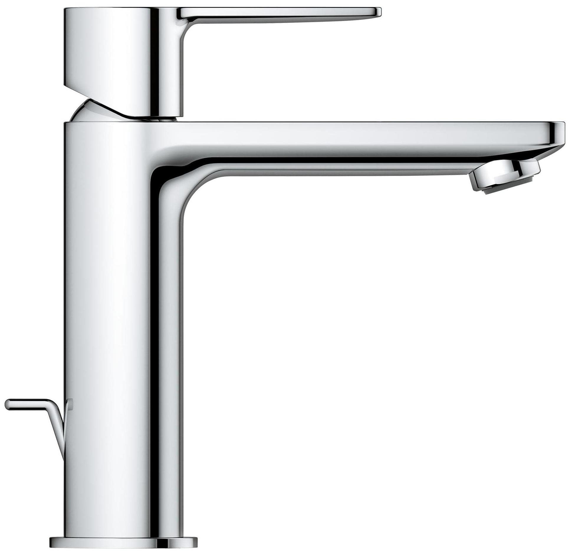 Grohe Lineare single-handle bathroom faucet with cylindrical body, angled spout, and lever handle in polished chrome finish.