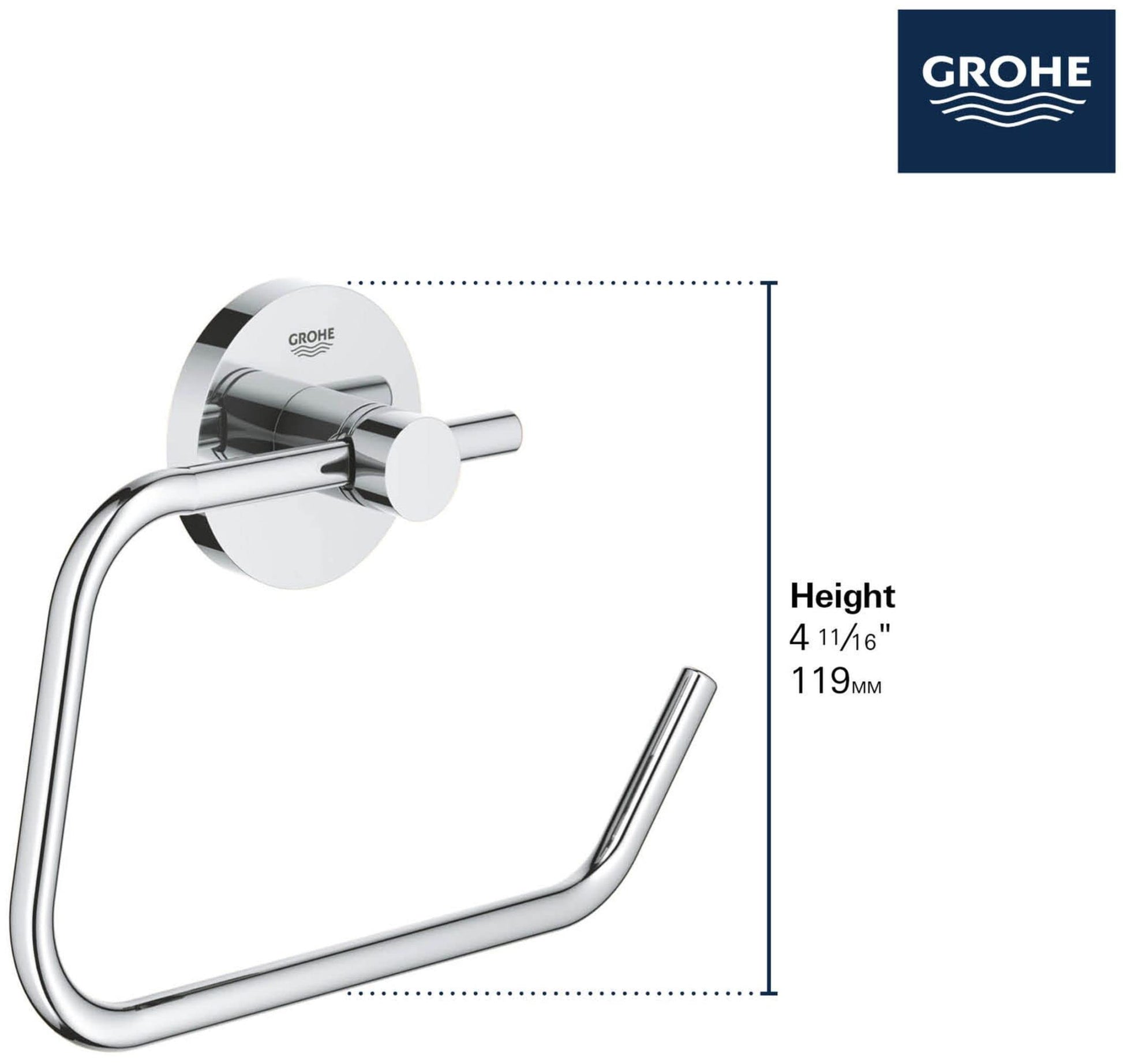 Matte black and chrome paper holder with curved arm and circular wall mount, 119mm height.