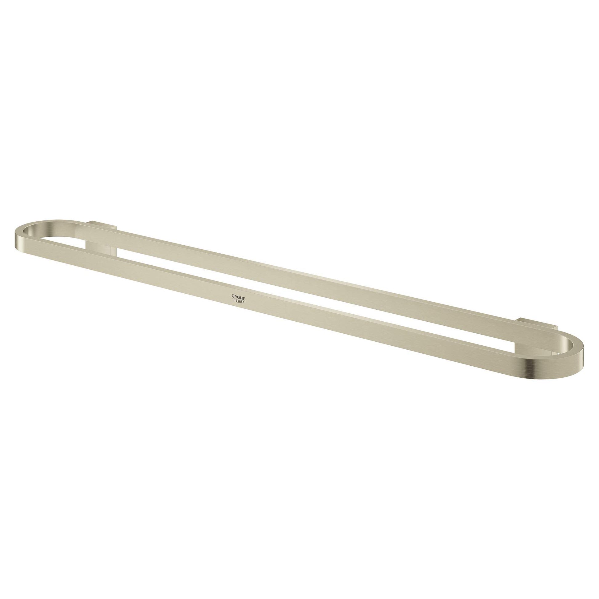 Brushed nickel towel bar with curved ends and horizontal rail design, 24 inches long.