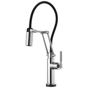 Chrome kitchen faucet with articulating black hose, knurled handle, and single-lever control on round base.
