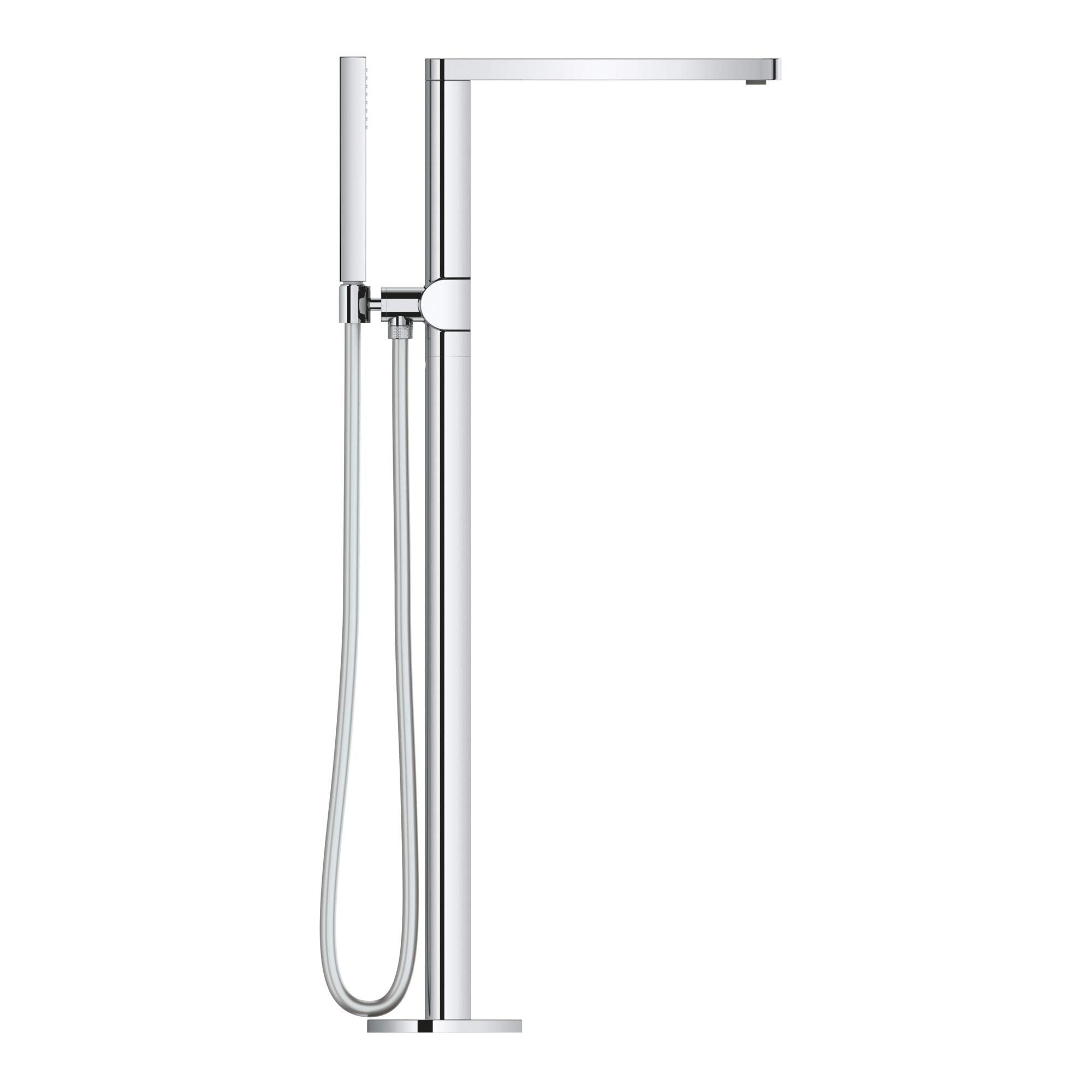 Chrome freestanding tub faucet with single handle, spout, and hand shower with hose.