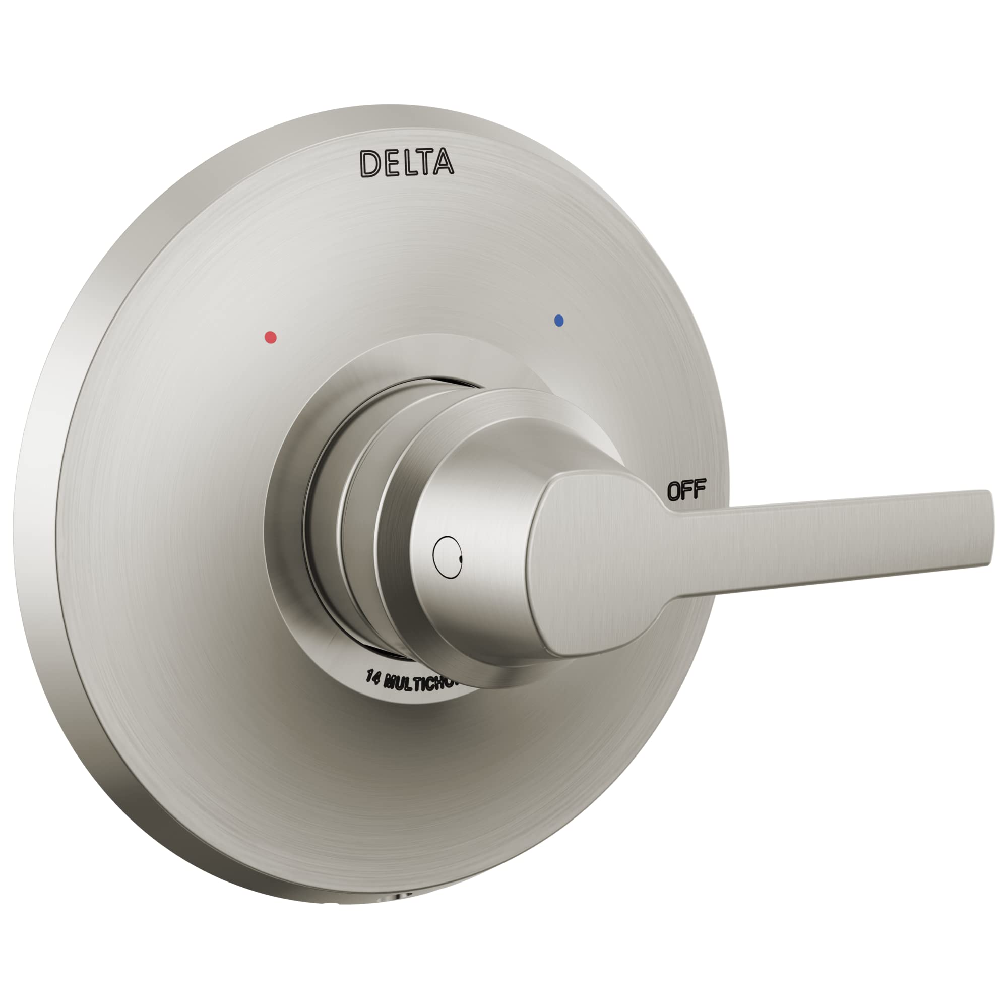 Brushed nickel Delta Galeon 14 valve trim with single lever handle, red and blue indicator dots, and round escutcheon plate.