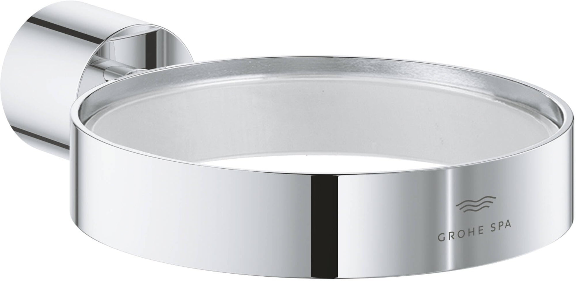 Polished chrome circular holder with wall-mounted bracket, designed for glass, soap dish, or dispenser.