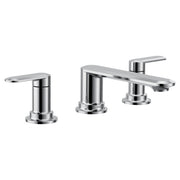 Chrome two-handle roman tub faucet with cylindrical spout and lever handles on circular bases.