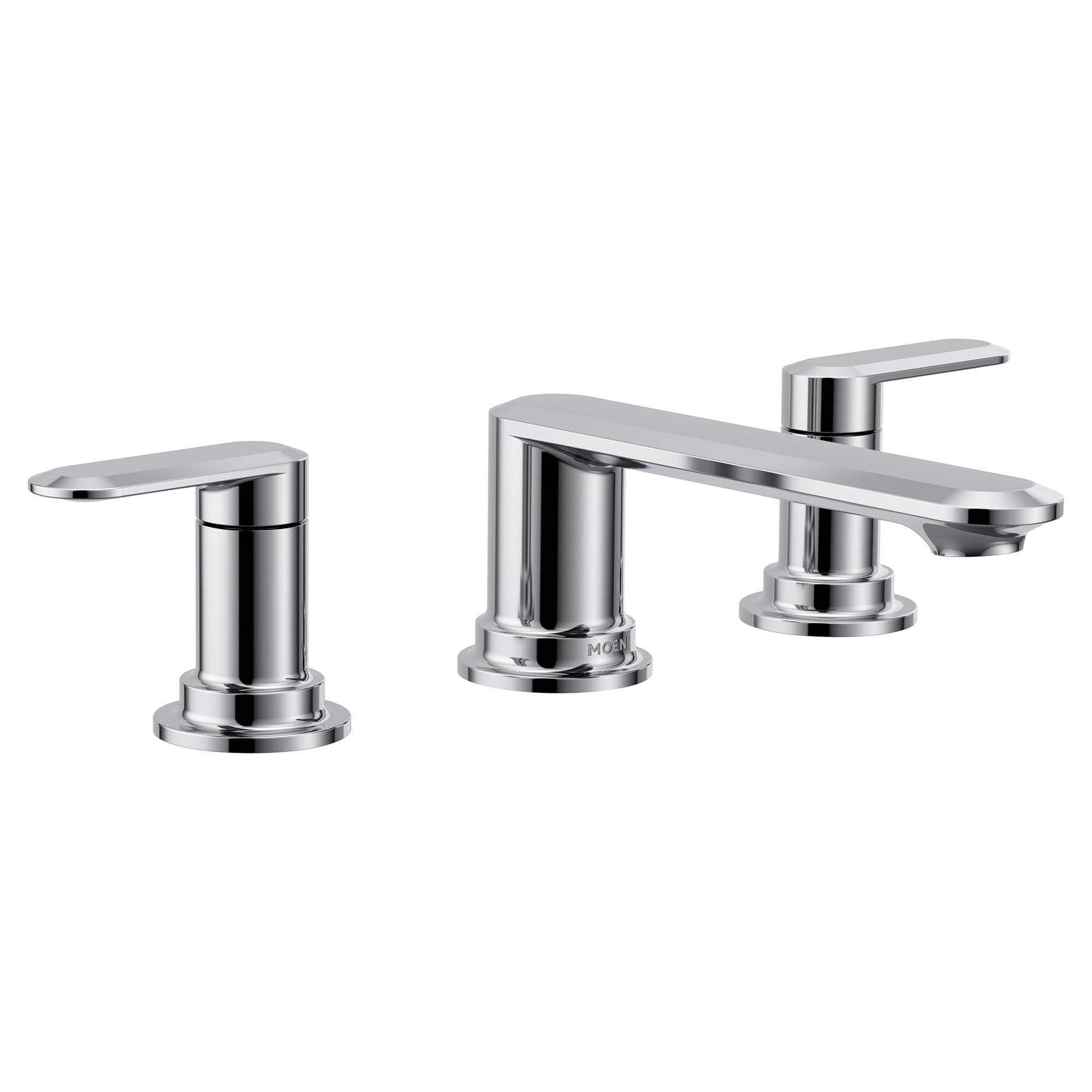 Chrome two-handle roman tub faucet with cylindrical spout and lever handles on circular bases.