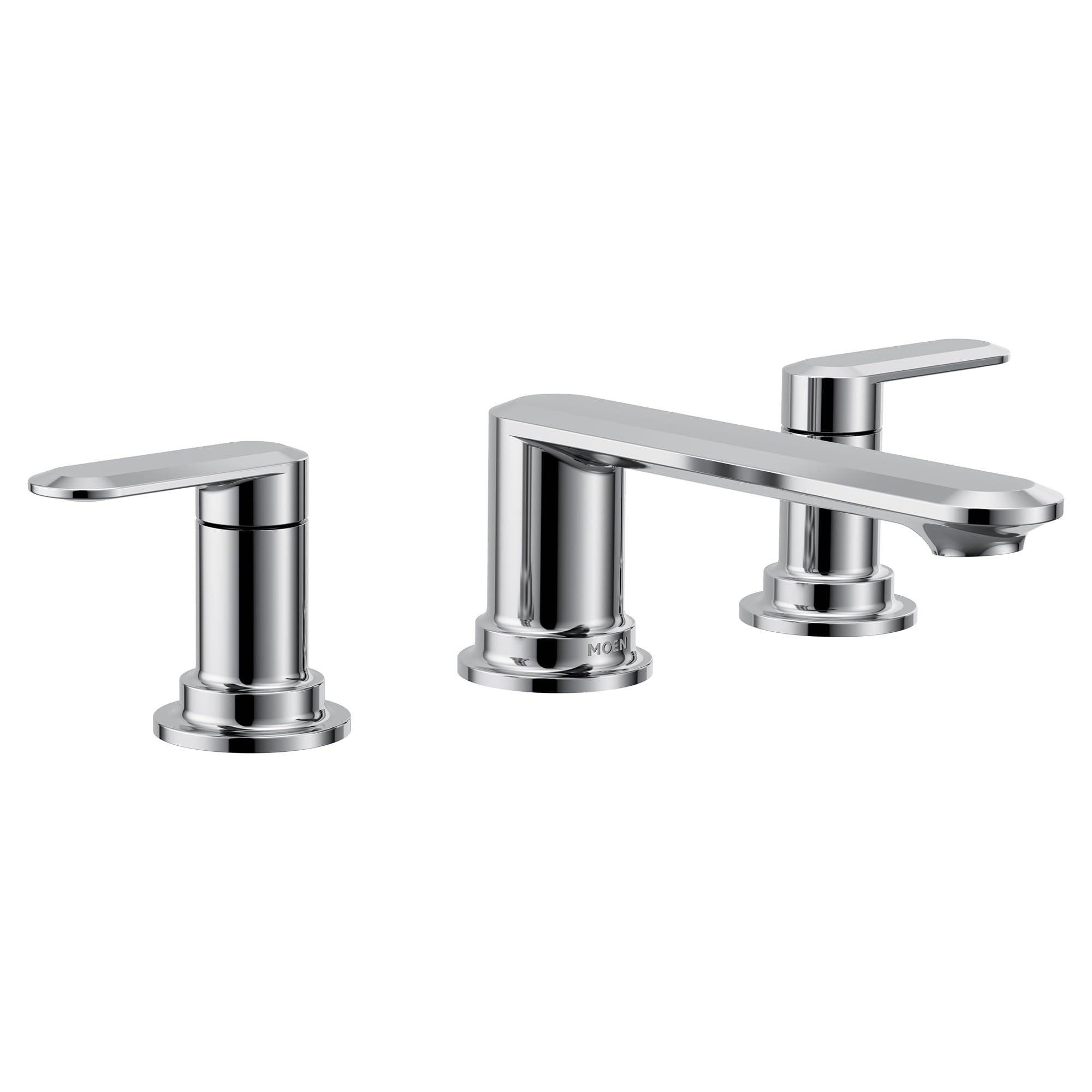 Chrome two-handle roman tub faucet with cylindrical spout and lever handles on circular bases.