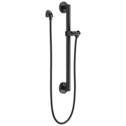 Black matte shower slide bar assembly with adjustable handshower, hose, and wall-mounted elbow bracket.