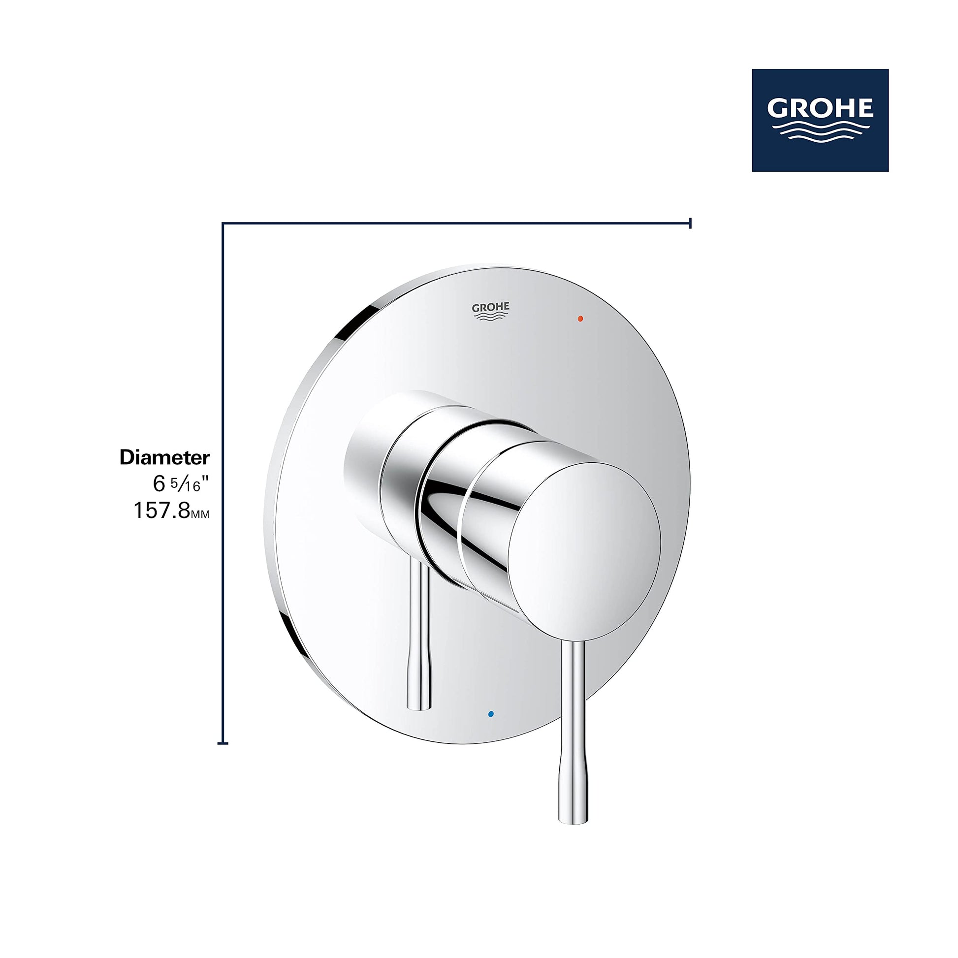 Grohe Essence pressure balance valve trim with round escutcheon plate and lever handle in brushed metal finish.