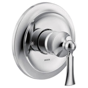 Chrome single-handle valve trim with round escutcheon plate and lever handle for bathroom or shower installation.