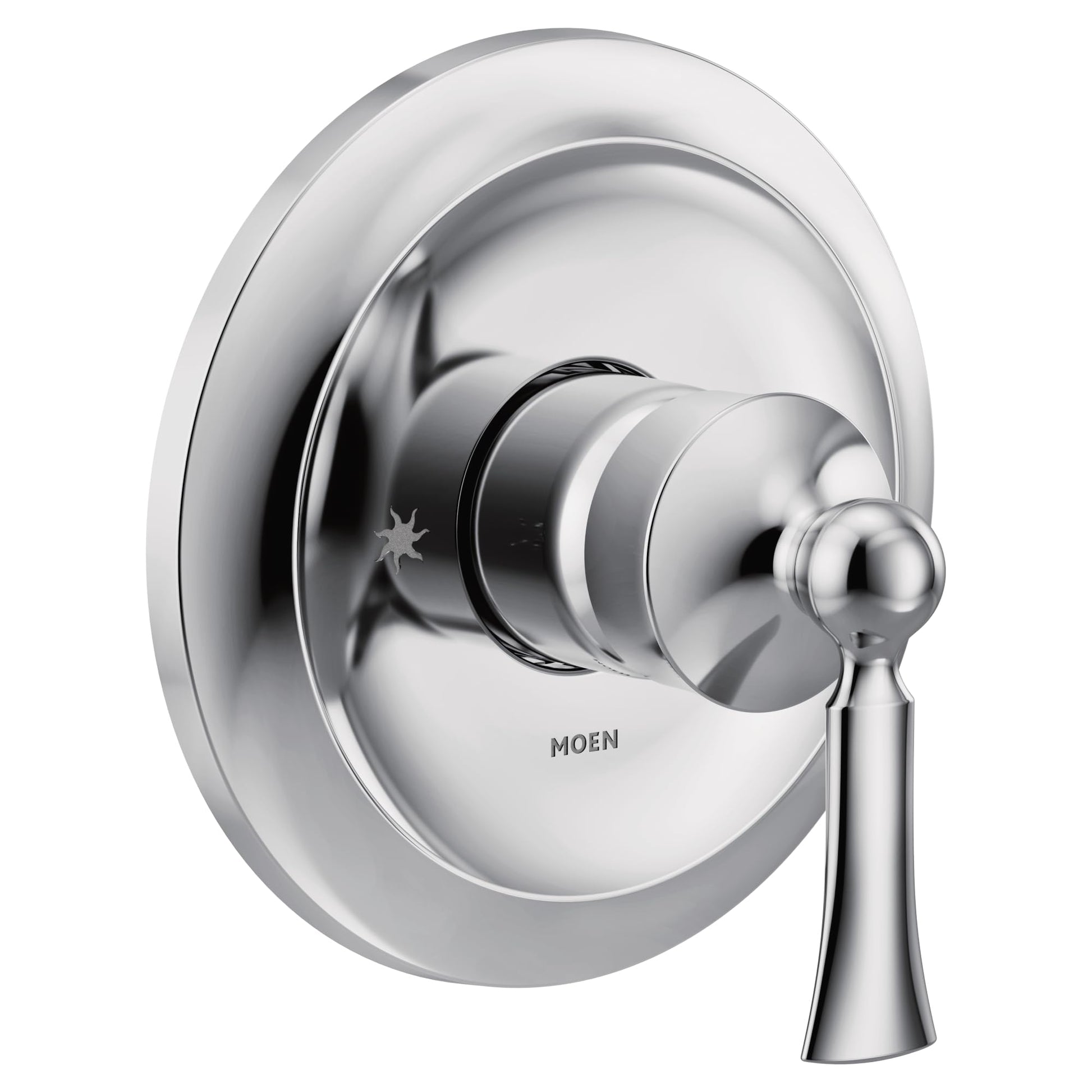 Chrome single-handle valve trim with round escutcheon plate and lever handle for bathroom or shower installation.