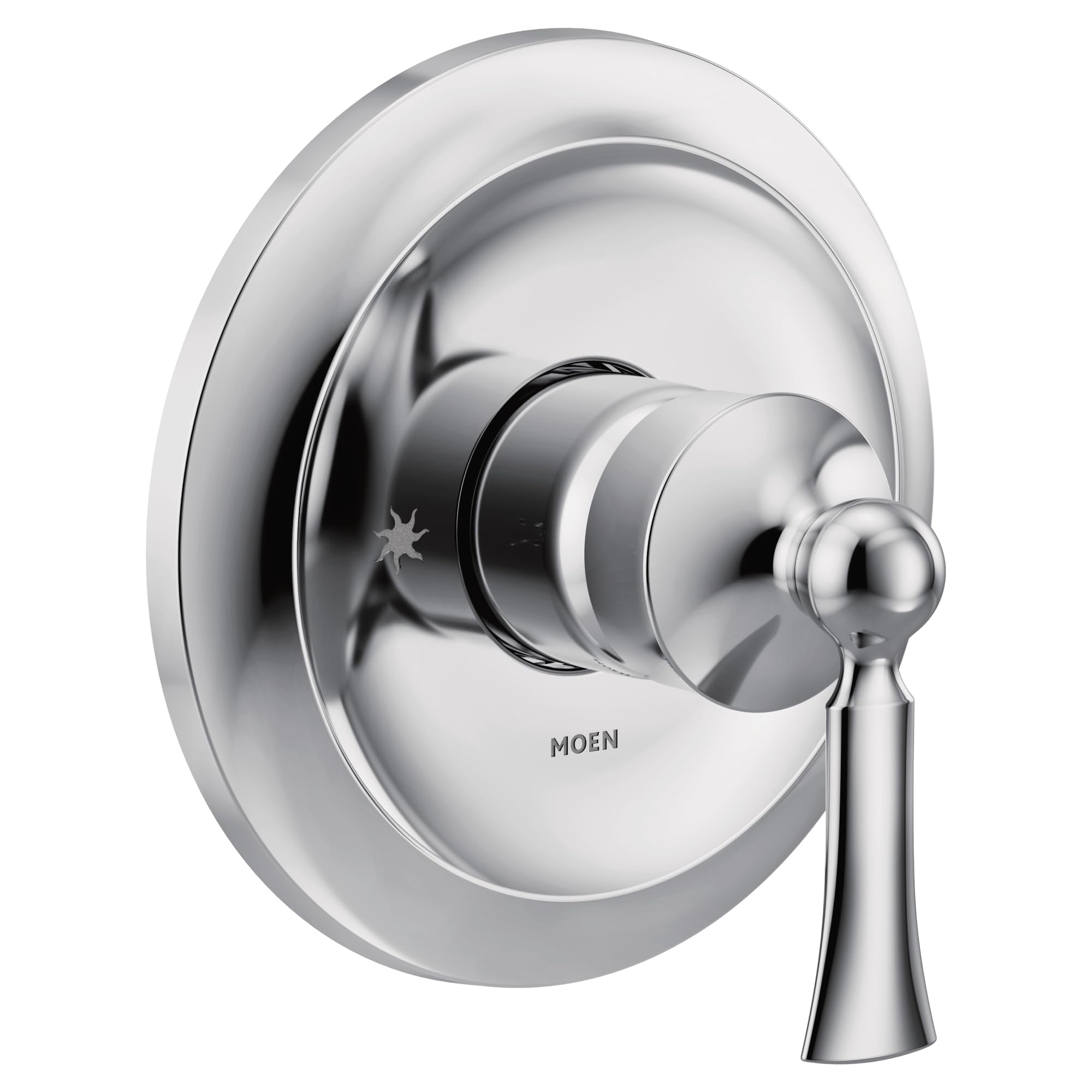 Chrome single-handle valve trim with round escutcheon plate and lever handle for bathroom or shower installation.