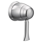 Chrome volume control valve trim with spherical handle and cylindrical spout.