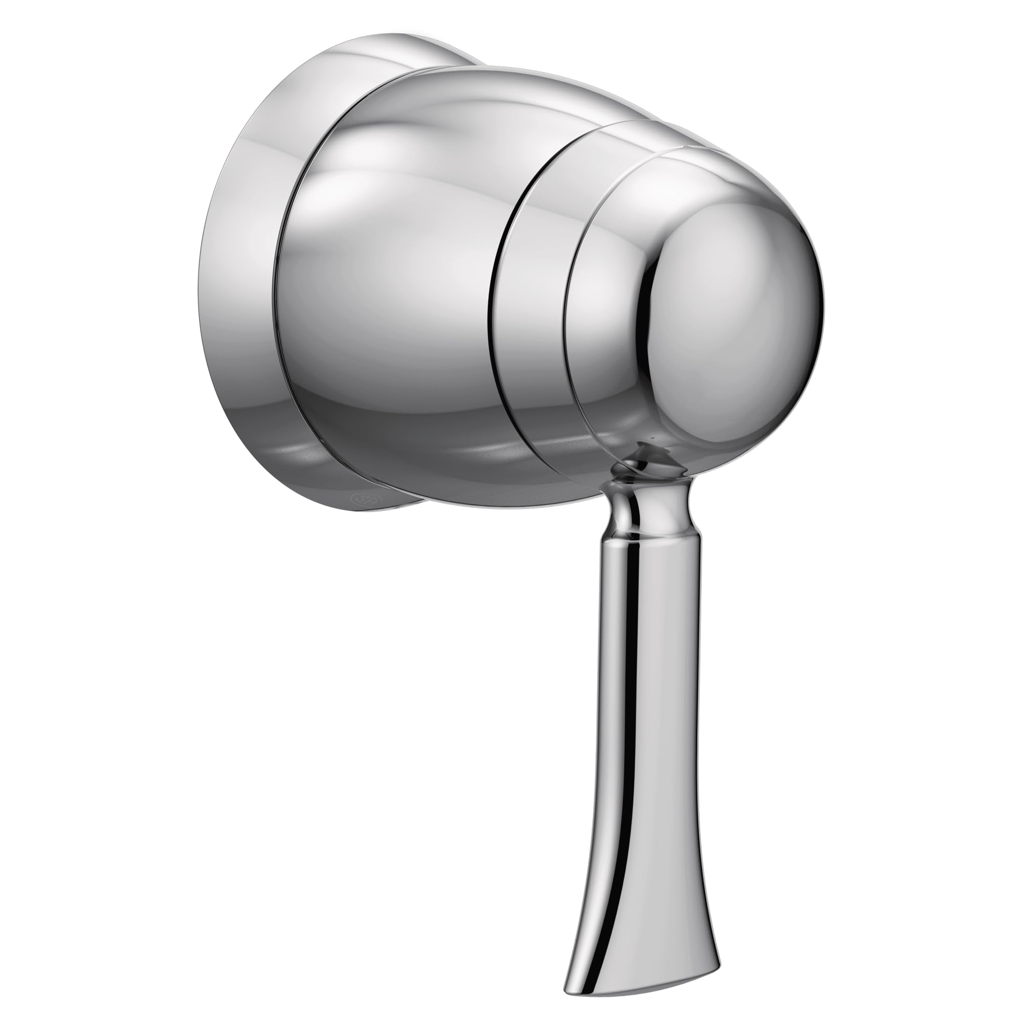 Chrome volume control valve trim with spherical handle and cylindrical spout.