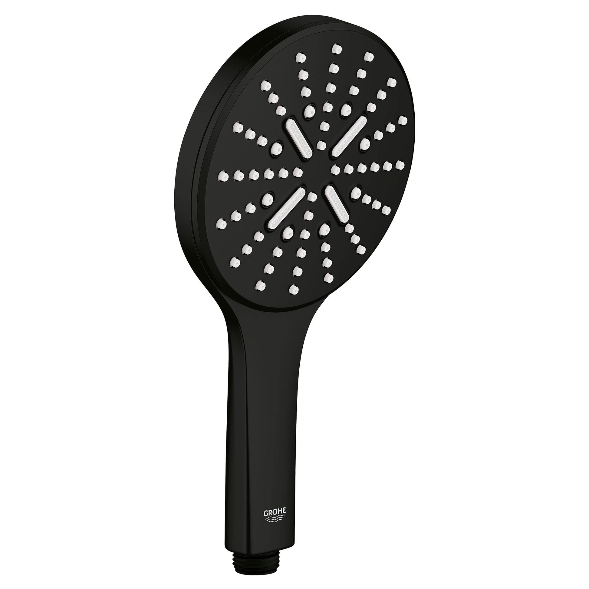 Matte black hand shower with circular head featuring multiple spray nozzles and grip handle.