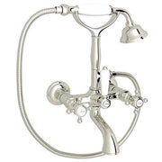 Polished nickel wall-mount tub and shower faucet with dual handles, handheld showerhead, and curved spout.
