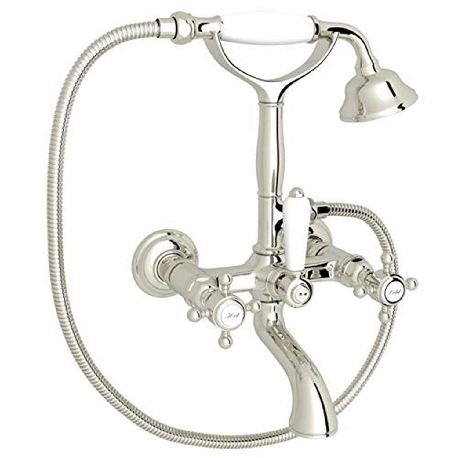Polished nickel wall-mount tub and shower faucet with dual handles, handheld showerhead, and curved spout.