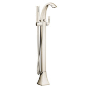 Polished nickel freestanding tub filler with curved spout, single handle, and attached handshower with hose.