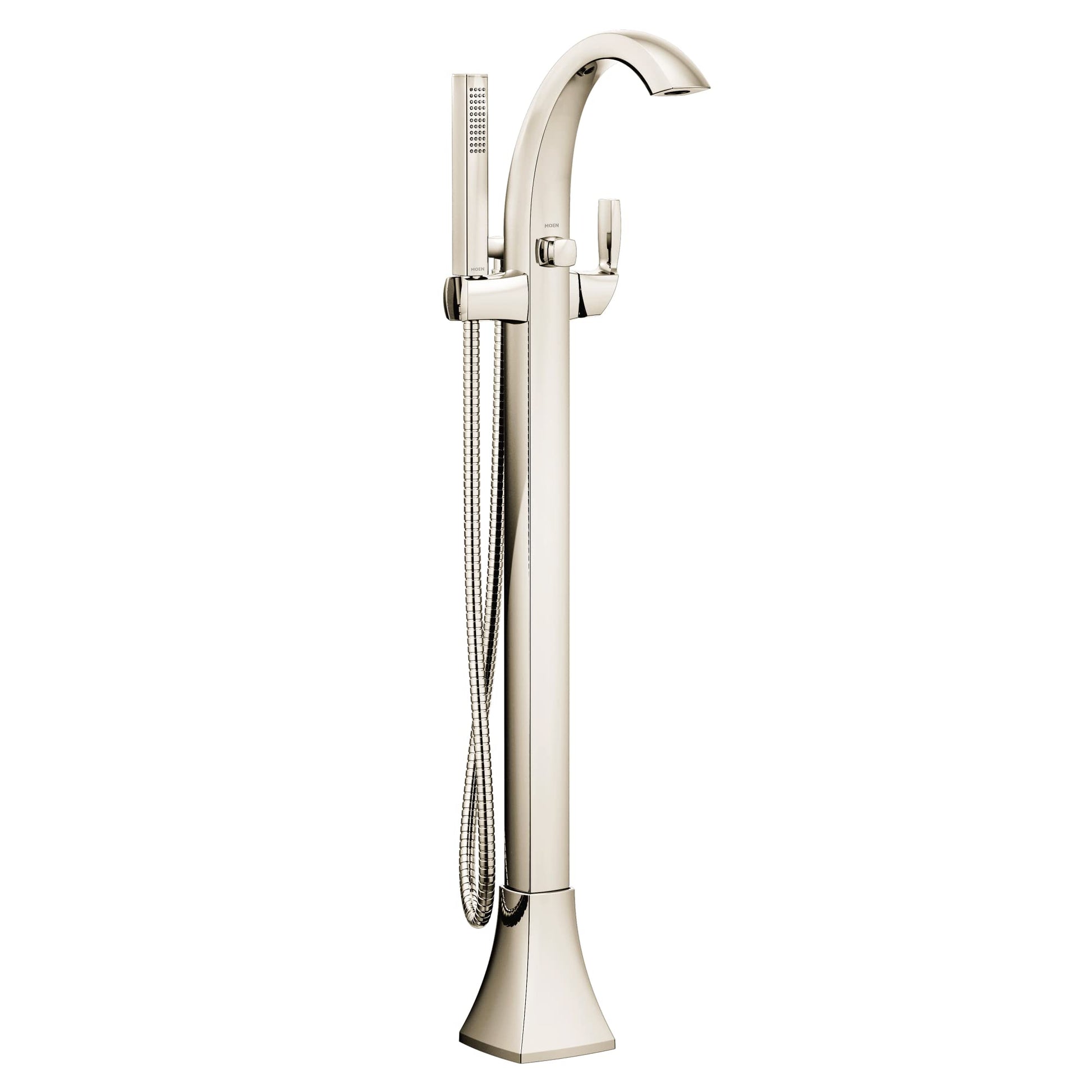 Polished nickel freestanding tub filler with curved spout, single handle, and attached handshower with hose.