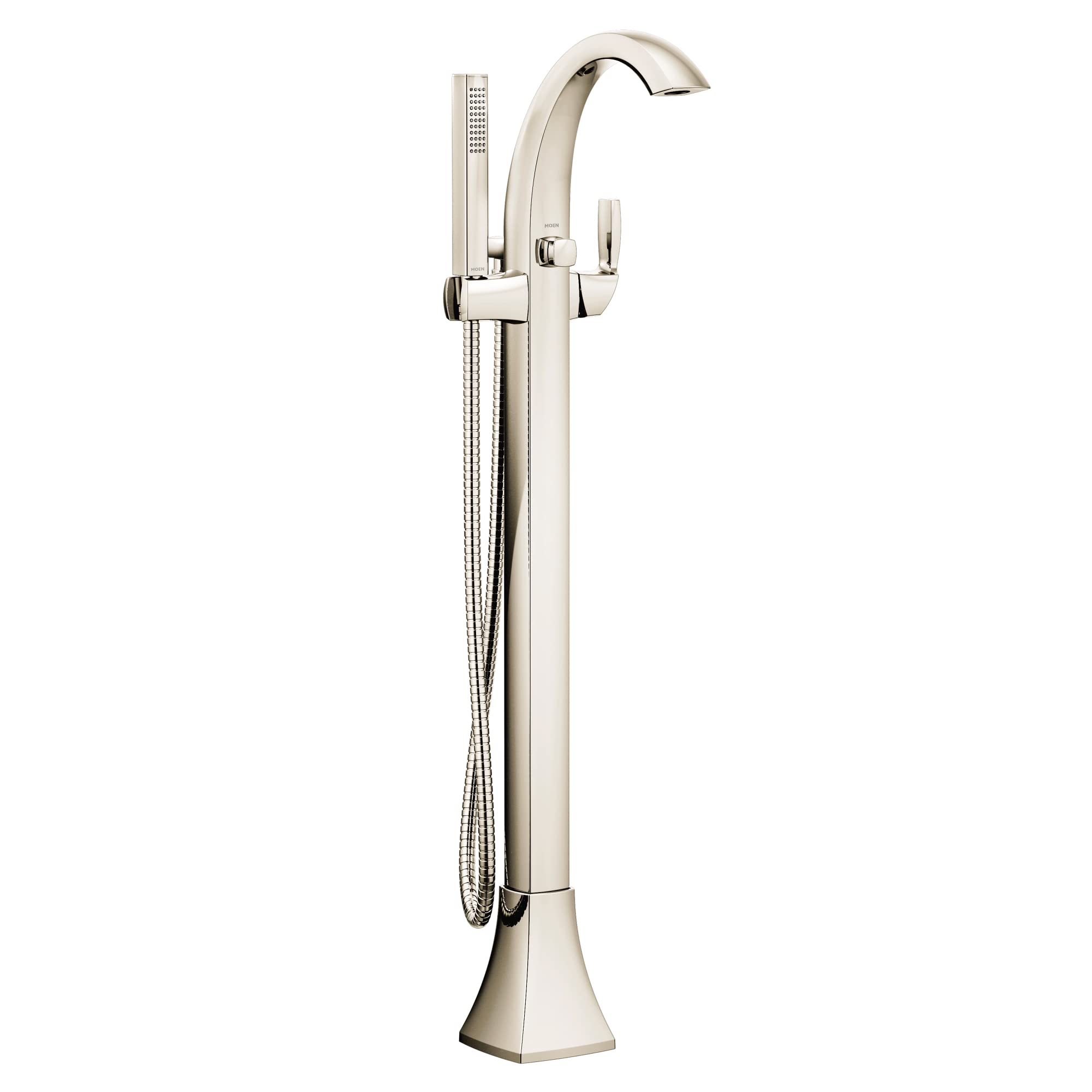 Polished nickel freestanding tub filler with curved spout, single handle, and attached handshower with hose.