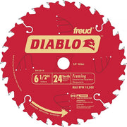 Red circular saw blade with 24 white teeth, Diablo branding, 6.5 inch diameter, 5/8 inch arbor hole.