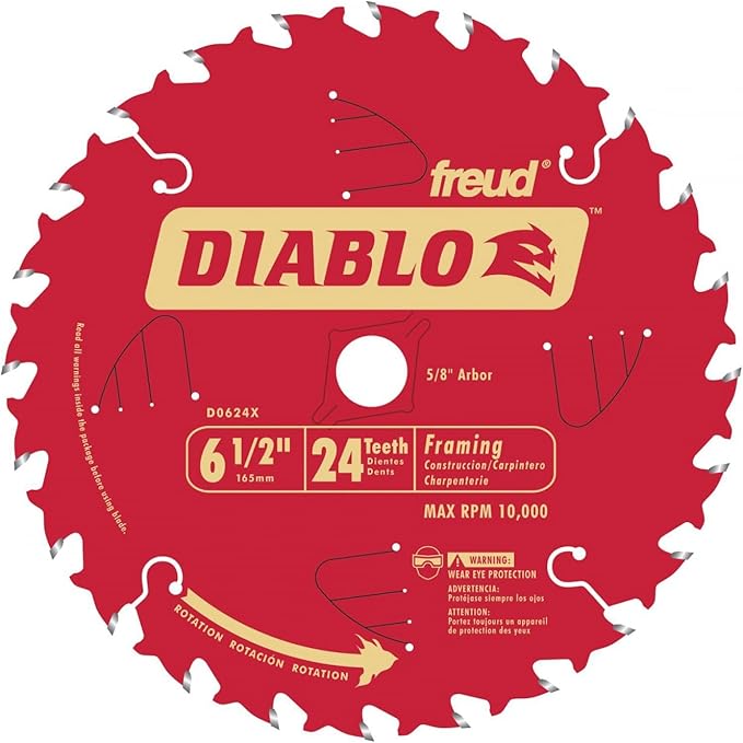 Red circular saw blade with 24 white teeth, Diablo branding, 6.5 inch diameter, 5/8 inch arbor hole.