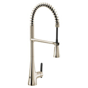 Polished nickel kitchen faucet with high arc spout, coiled pulldown sprayer, and touchless sensor on base.
