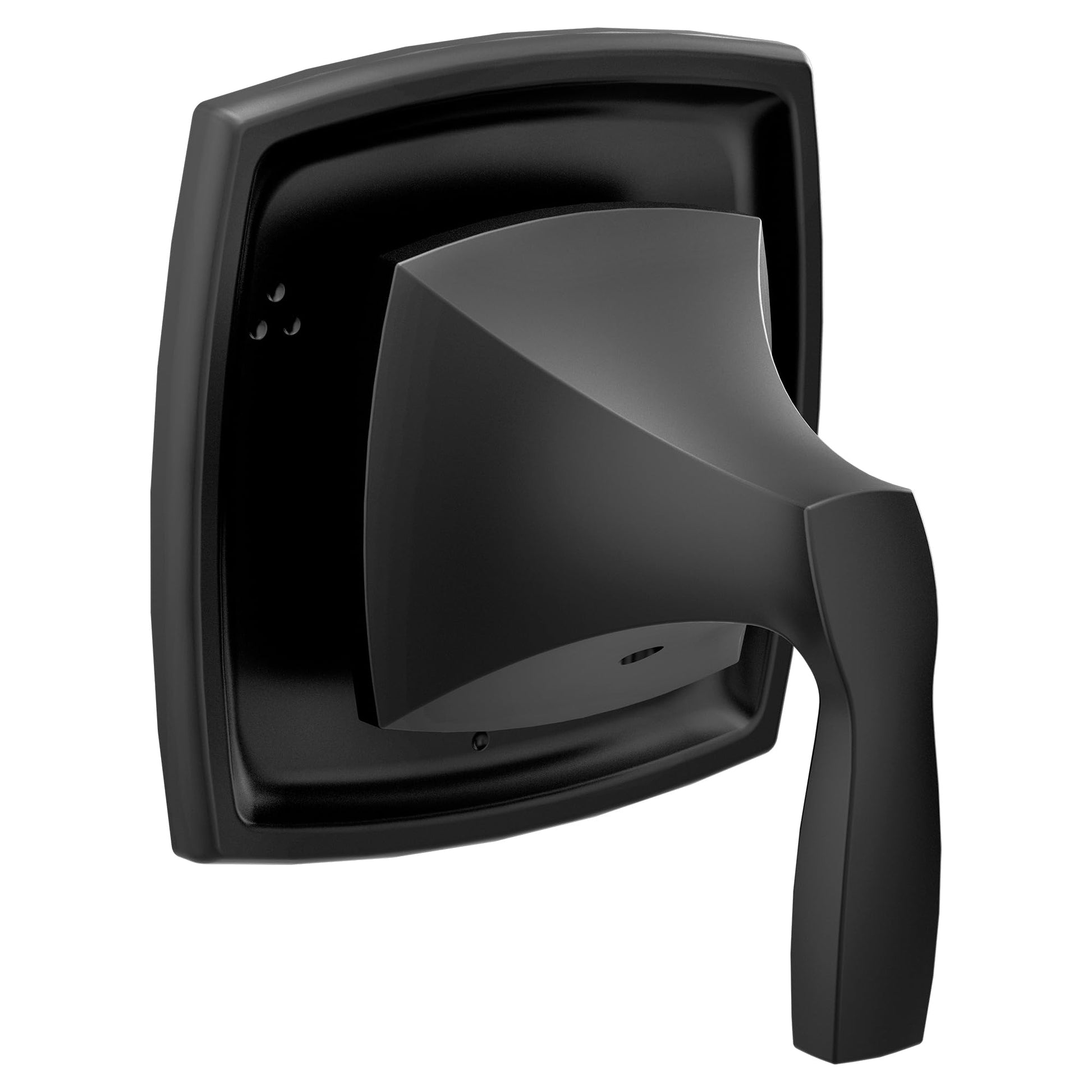Matte black shower valve trim with curved square escutcheon plate and single lever handle.