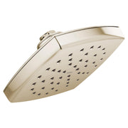Polished nickel rainshower showerhead with wide square face and multiple spray jets angled across surface.