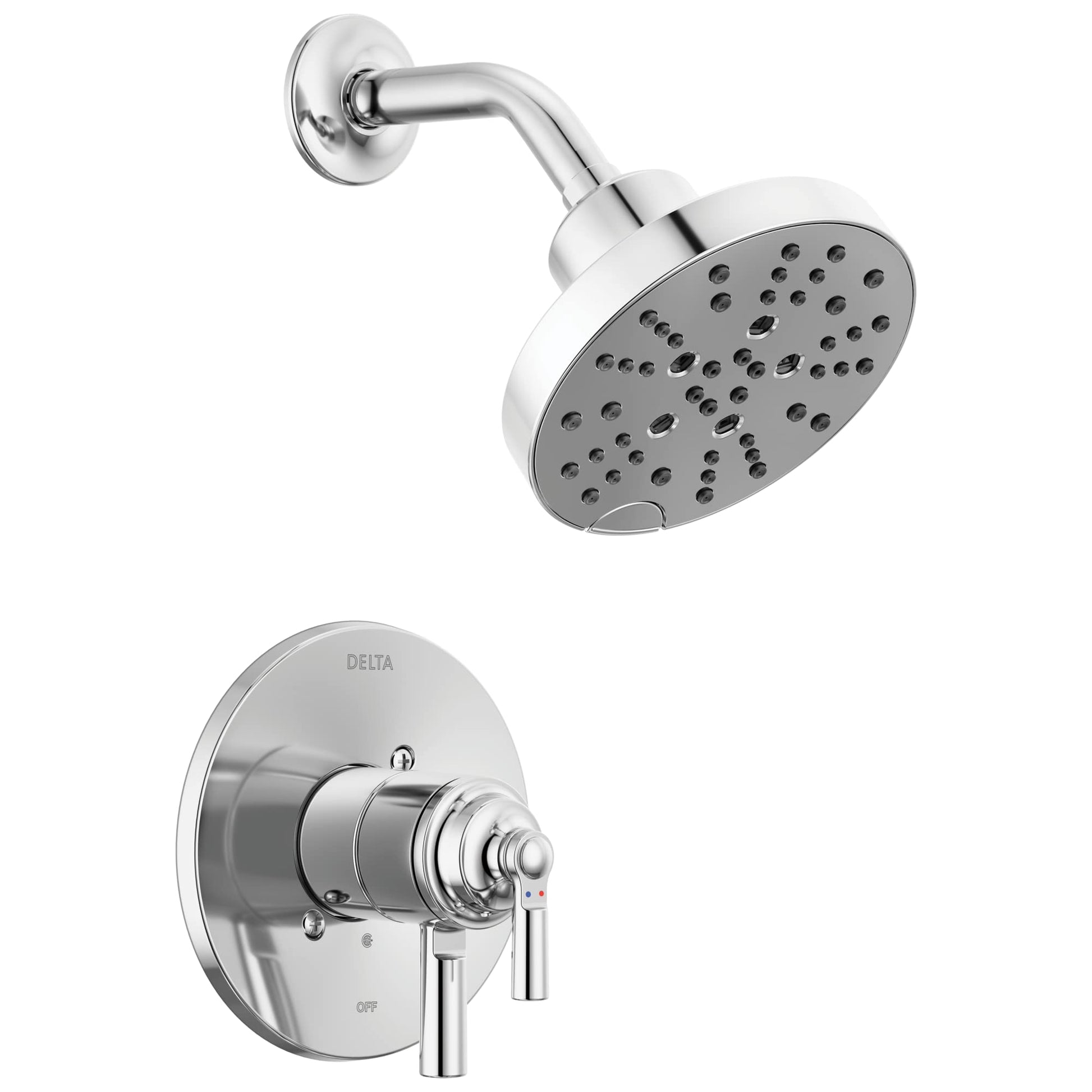 Chrome showerhead with curved arm and matching round valve trim plate with lever handle.