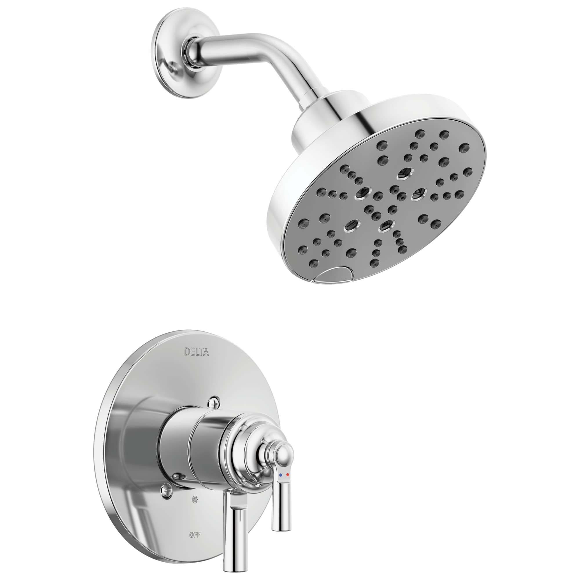 Chrome showerhead with curved arm and matching round valve trim plate with lever handle.