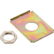 Metal hexagon nut and iridescent coated square washer with center hole.